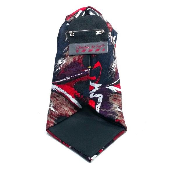 Artisan Black Silk Tie Brooch Pin Chemin de Fer Upcycled Floral Vintage Red Bead - Picture 3 of 11